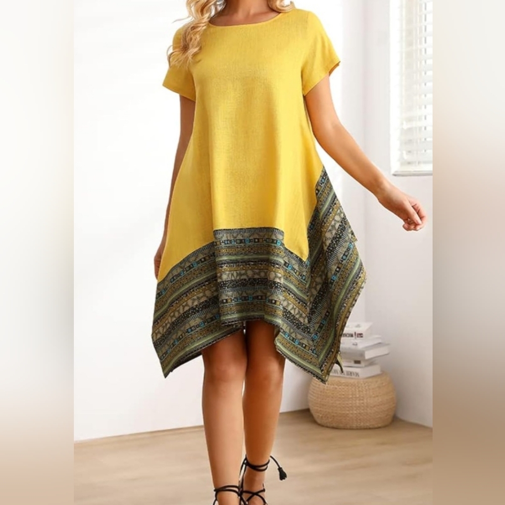 Minibee Women's Ethnic Cotton Linen Irregular Dress Short/Long Sleeves SizeL